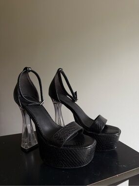 POSTER GIRL Black Snakeskin Platform Sandals with Clear Block Heels
